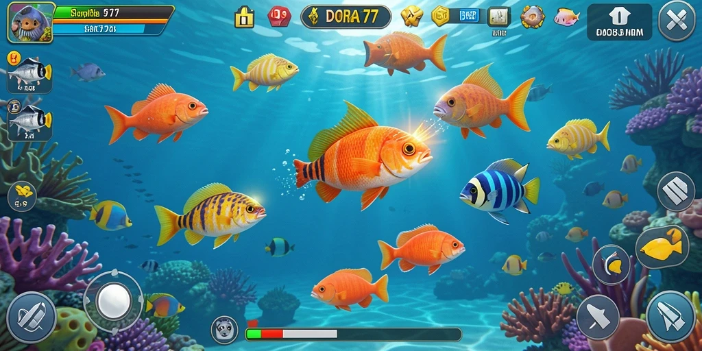 Tangkapan layar DORA77 menunjukkan aksi menembak ikan yang seru.