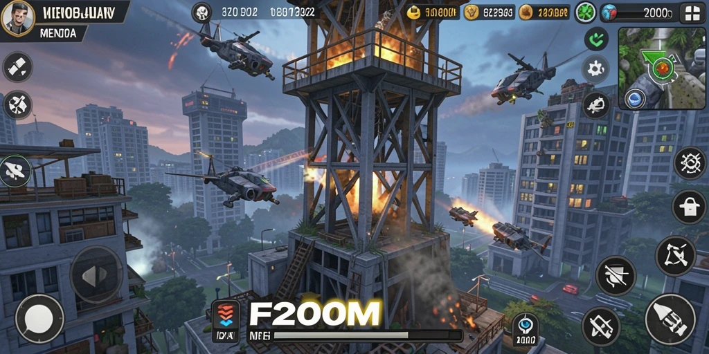 Tangkapan layar F200M menampilkan pertahanan menara melawan serangan musuh yang intens.