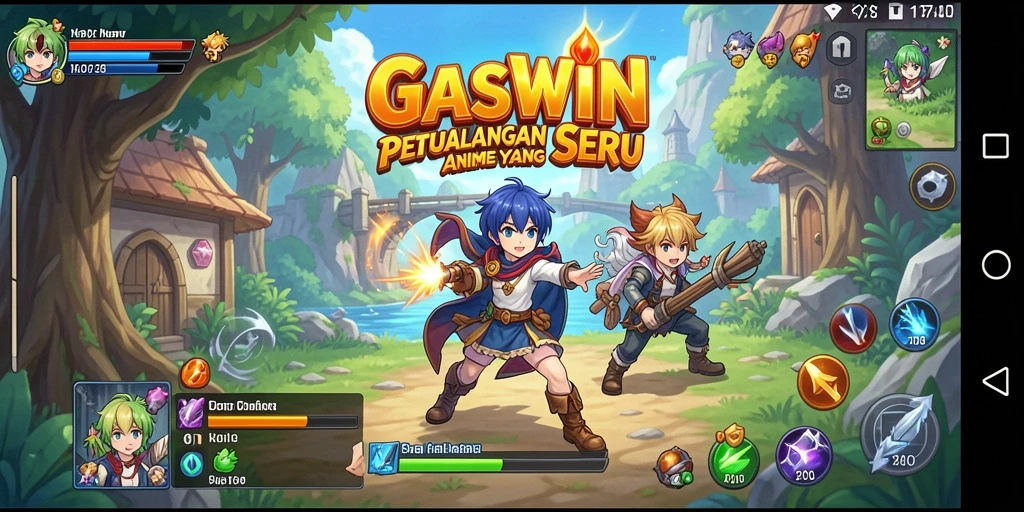 Tampilan gameplay GASWIN yang penuh aksi dan karakter Anime.