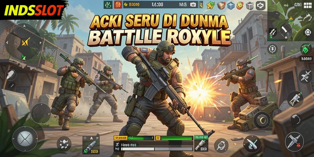 Screenshot utama INDSLOT menampilkan aksi intens Battle Royale yang mendebarkan.