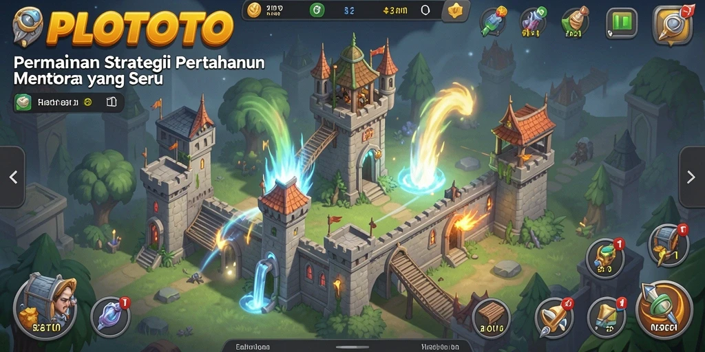 Tampilan gameplay POLOTOTO yang mendebarkan dalam pertahanan menara.