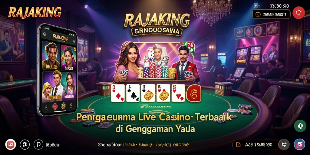 Screenshot menampilkan gameplay mendebarkan RAJAKING dengan dealer langsung dan suasana kasino.
