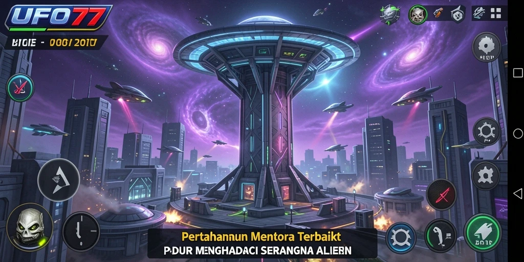 Tampilan gameplay UFO77 dengan serangan menara melawan alien yang menyerang.