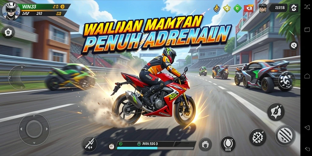Tangkapan layar gameplay WIN33 menampilkan balapan motor yang menegangkan dan grafis yang memukau.